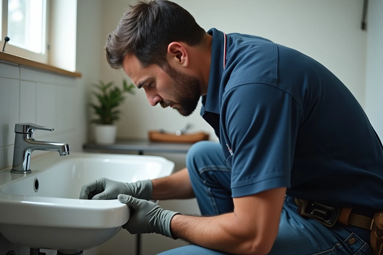 Técnico inspeccionando desagüe doméstico