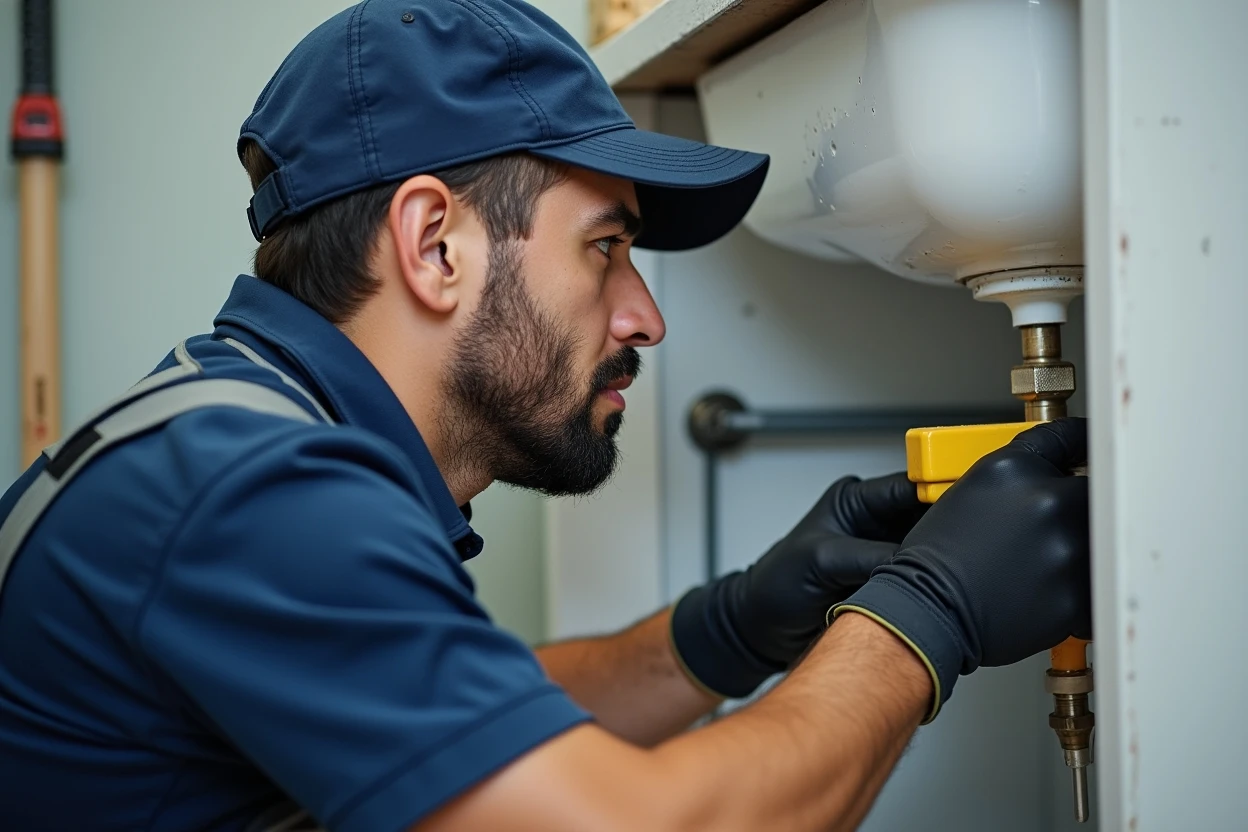 Técnico inspeccionando desagüe doméstico